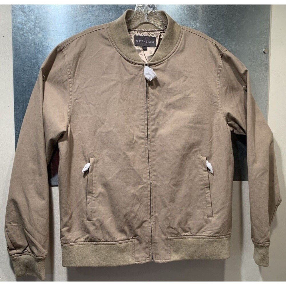Canvas Bomber Jacket Slate & Stone Men’s Tan/Khaki Large Satin Lined NEW